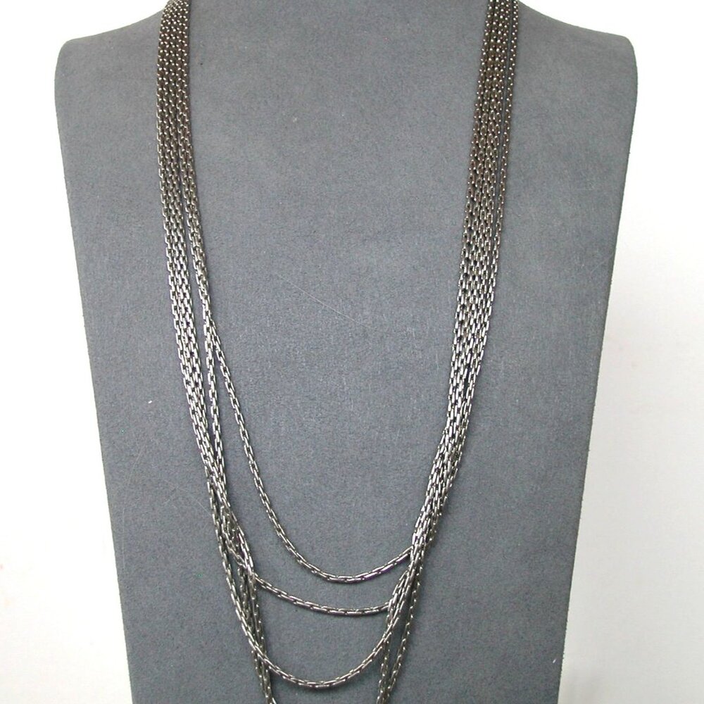 Silver Tone 5 Layer Chain Necklace With Ornate Triangular Clasps For Women